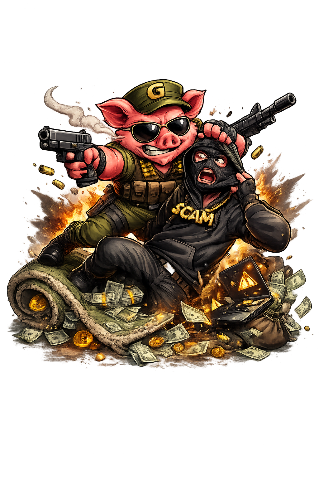 General GunoPig pinning down a scammer labeled SCAM amid explosions and scattered gold coins